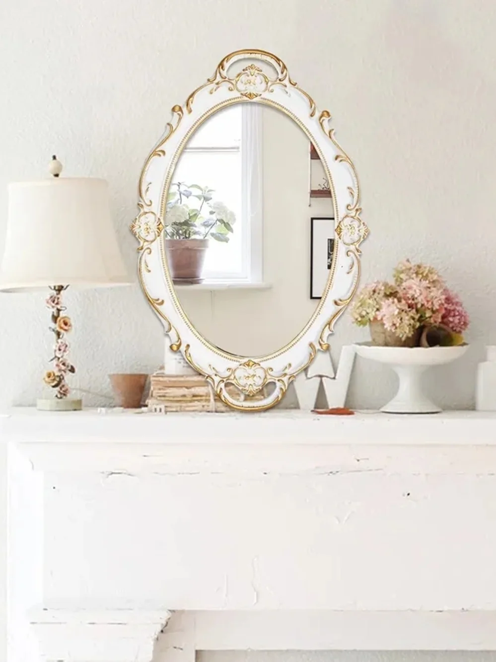 Ornate White and Gold Oval Wall Mirror - Classic Decorative Accent